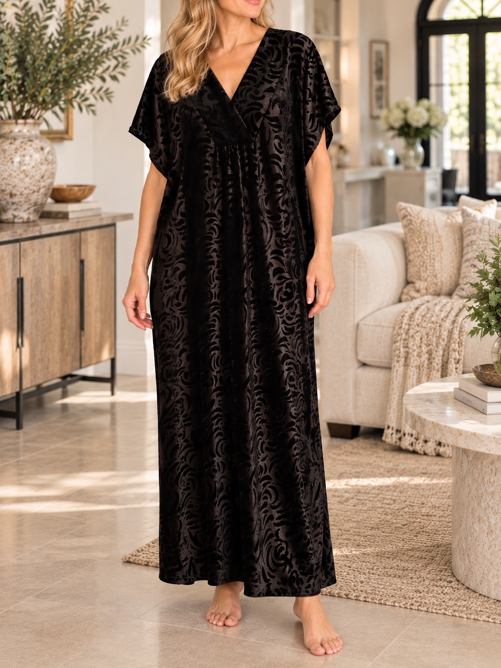 🇨🇦 VTG Carol Reed Black Velvet Burnout Maxi House Dress Caftan One Size Canada